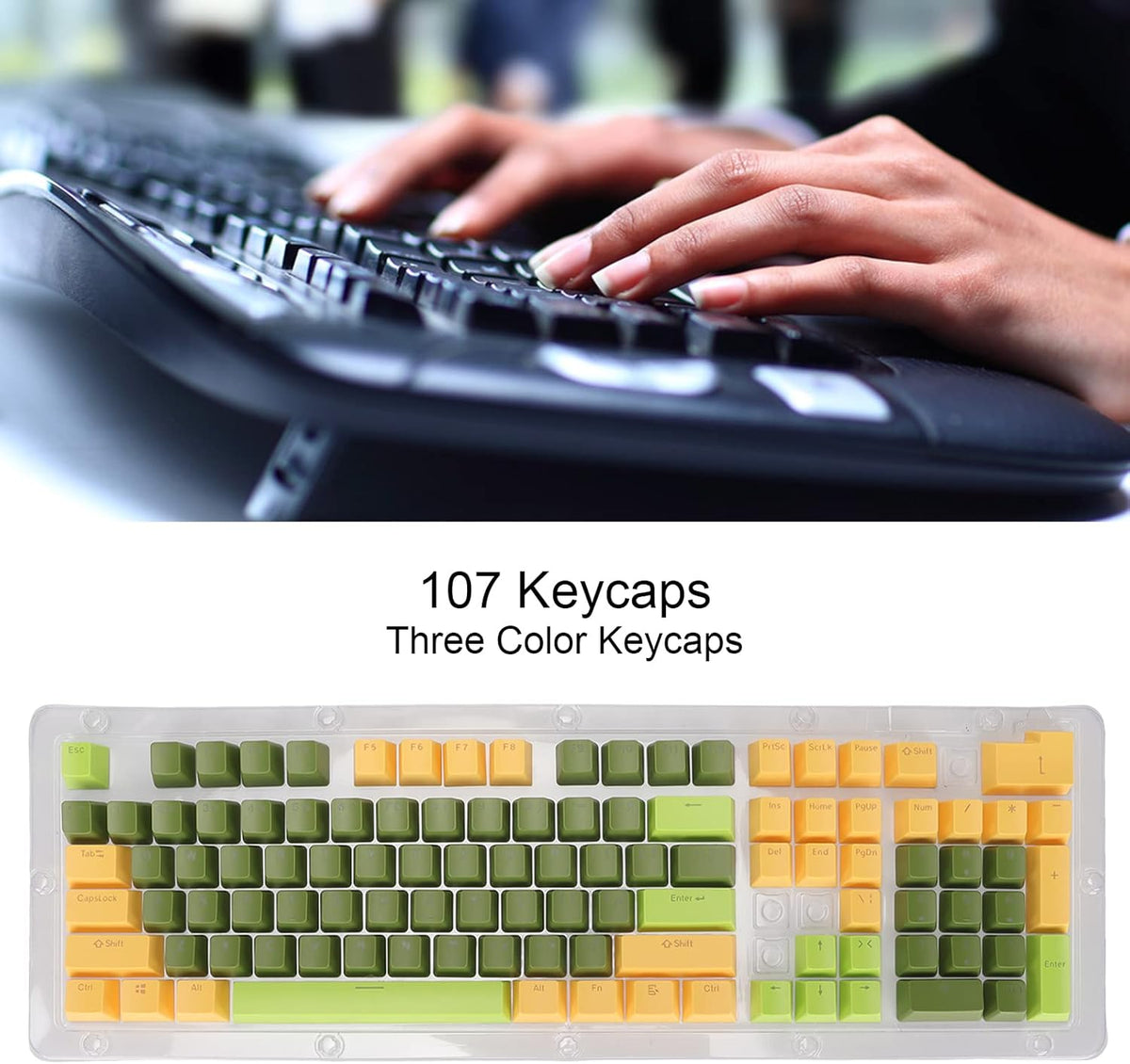 107 Keys Keycaps, Three Color Translucent Characters Arc Layout Mechanical Keyboard Ergonomic Keycaps (Dark Green)