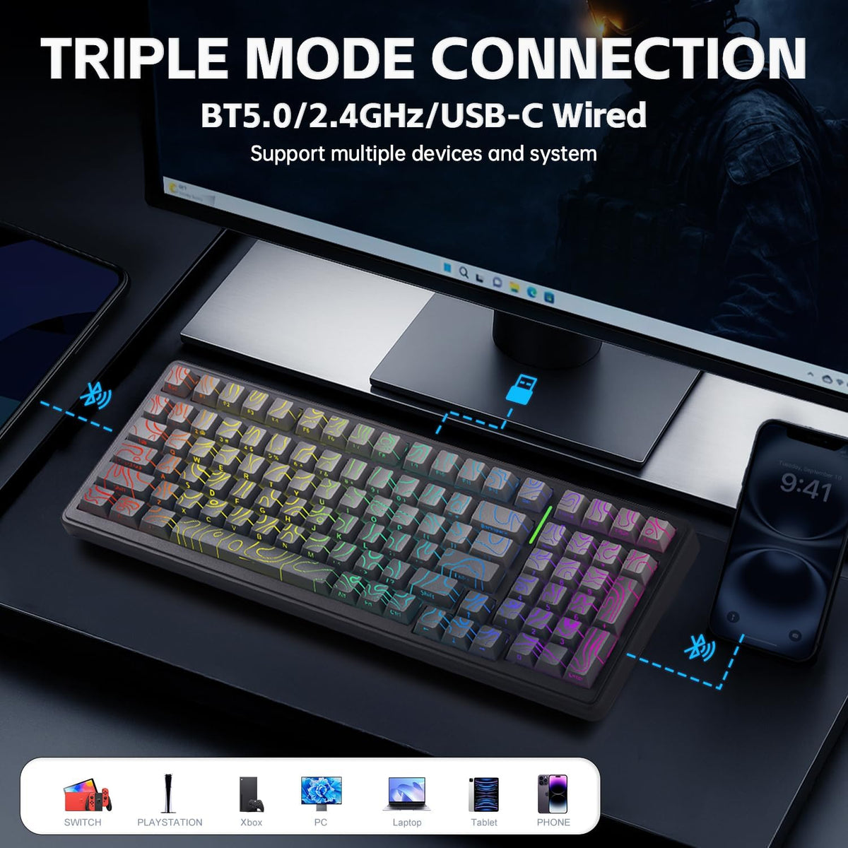 Aula F99 Keyboard Wireless Mechanical Keyboards Computer Bluetooth Gaming Keyboard Creamy Full Size Hot Swappable Custom RGB Backlit with 8000mAh Battery, Tri-Mode BT5.0/2.4GHz/USB-C (Gradient Grey)