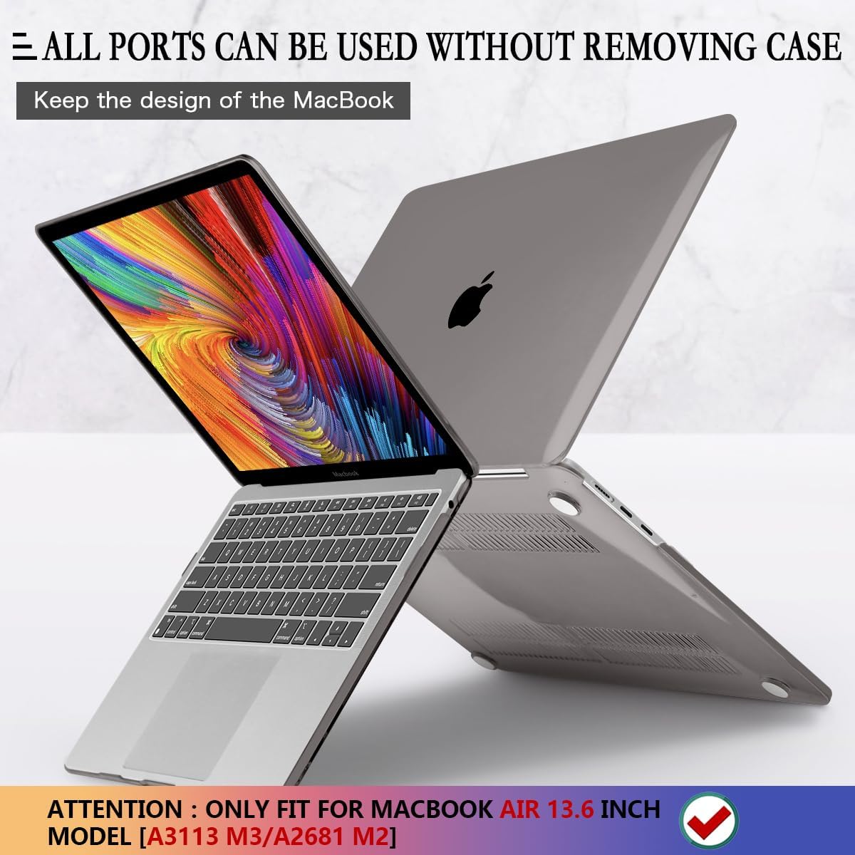 CISSOOK Compatible with MacBook Air 13.6 inch Case 2022 2024 2025 Release A2681 A3113 A3240 with Touch ID, Crystal Grey Hard Shell Case & Keyboard Cover for Mac Air 13.6 M2 M3 M4, Gray