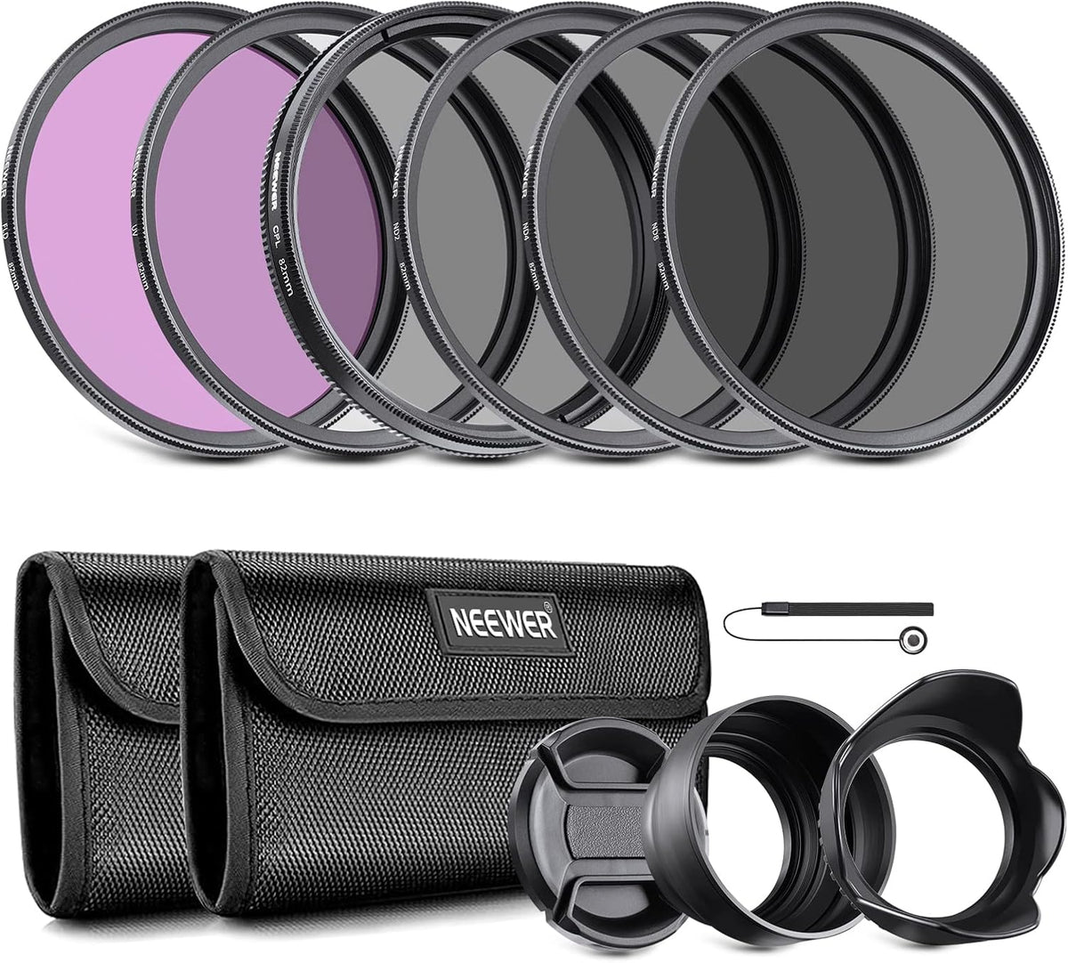 Neewer 82mm ND Lens Filter Kit: UV, CPL (Circular Polarising), FLD, ND2, ND4, ND8, Lens Hood and Lens Cap for Canon
