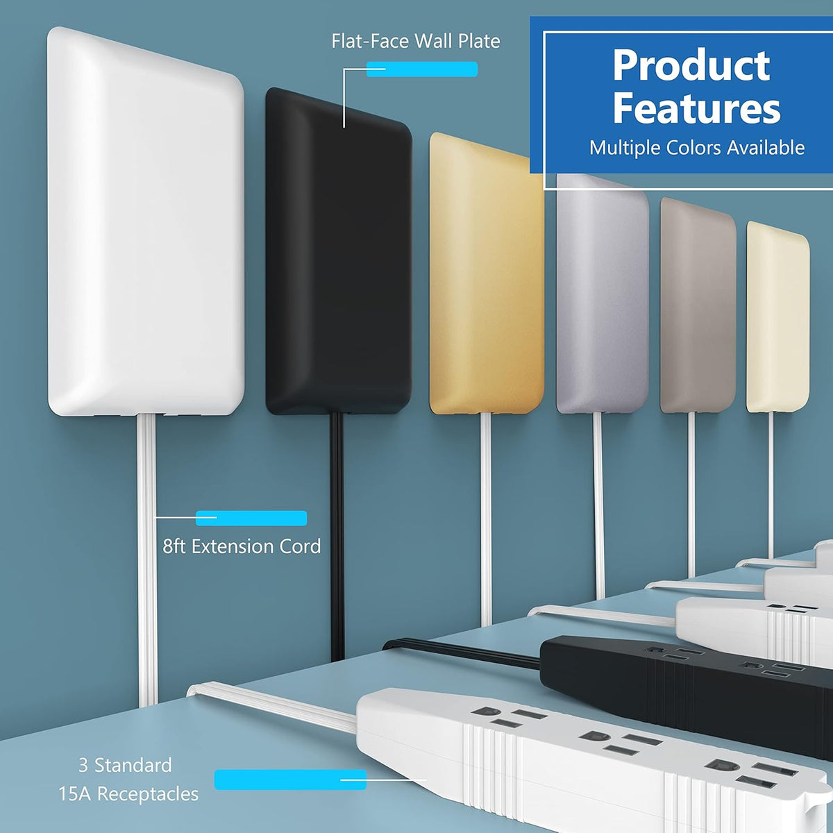 LIDER Flat-Face Outlet Extender with 3 Receptacles, Ultra-Thin Wall Plate Plug, 8ft Cord, 3-Outlet Power Strip,