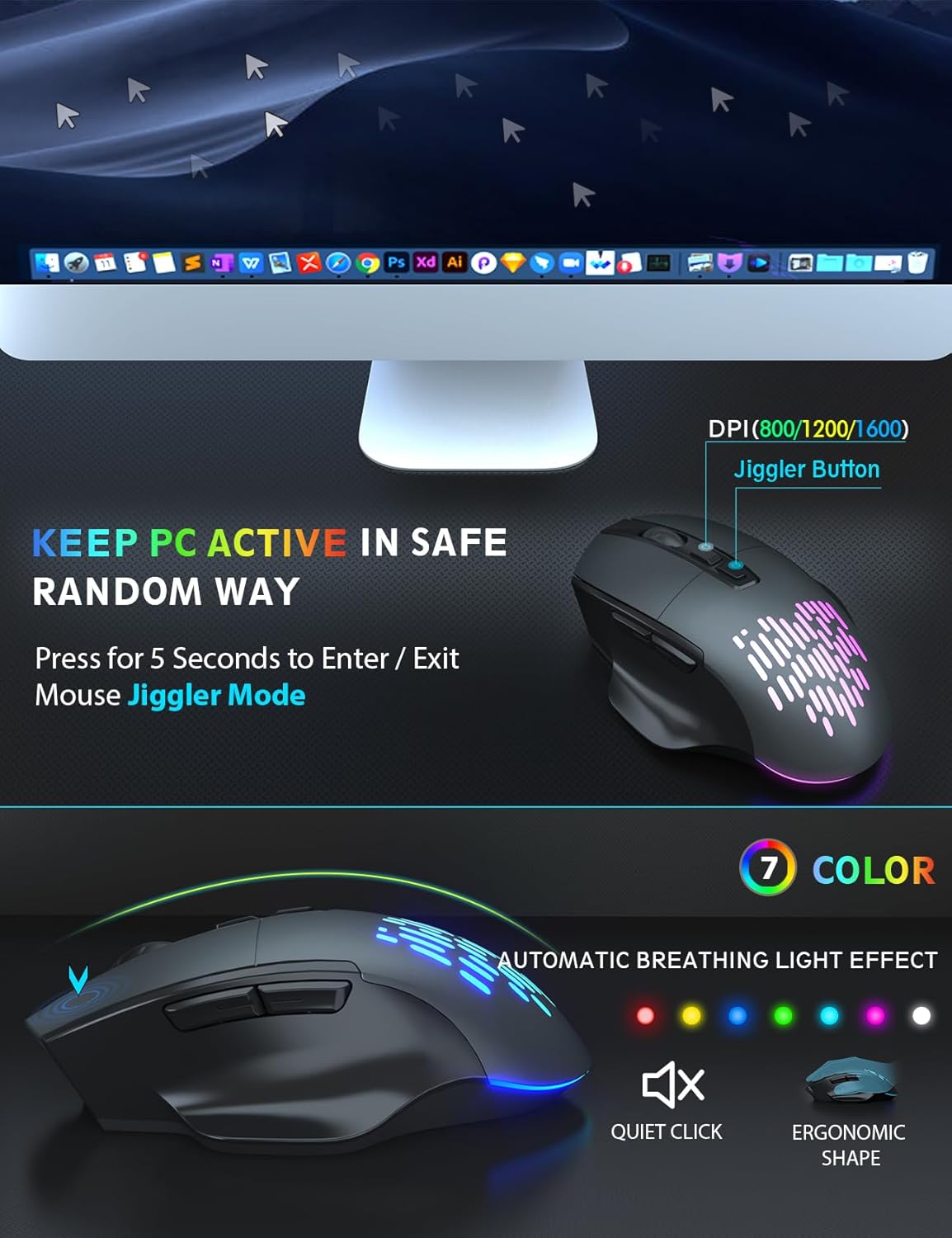 Wireless Keyboard and Mouse Backlits, Wrist Rest, Jiggler Mouse, Rechargeable Ergonomic Keyboard with Phone Holder, Silent Light Up Combo for Computer, Mac, PC, Laptop, Chromebook (Bright Gray)