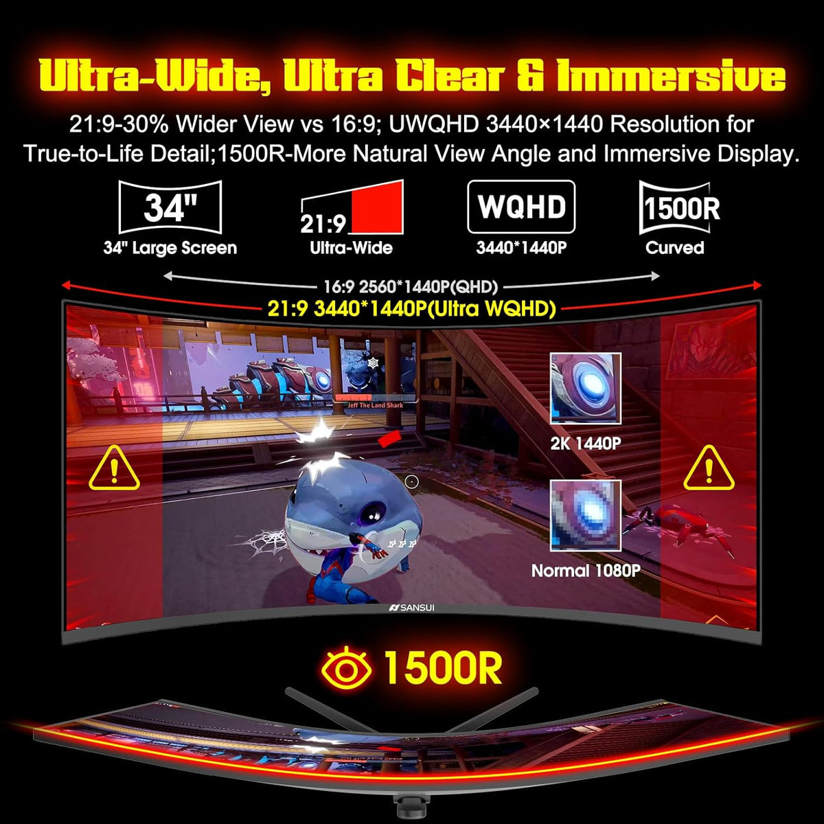 SANSUI 34 Inch 3440x1440P 240Hz Ultrawide UWQHD Gaming Monitor,21:9 2K Curved Monitor 1500R,Fast VA, PIP/PBP,AI Crosshair,AIPQ(Visual Enhance),MPRT 1ms,HDR,HDMI2.1 * 2,DP1.4 * 2(DP Cable Included)