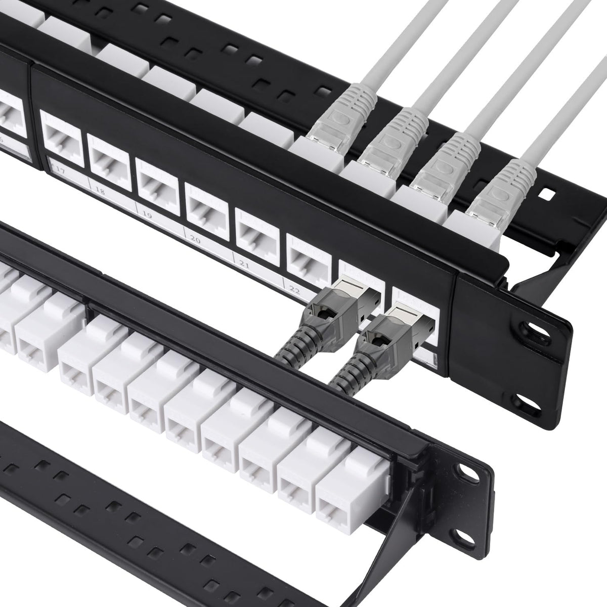 24 Port Keystone Patch Panel, 1U 19-inch RJ45 Network Patch Panel with Back Bar, Loaded with 24 Cat6 Couplers (White)