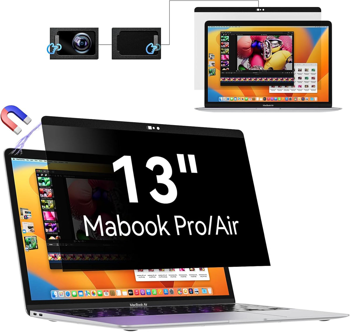 Privacy Screen MacBook Pro 13 Inch(2016-2022, M1, M2)/MacBook Air 13 in (2018-2021, M1), Magnetic Removable Anti Glare Blue Light Filter with Camera Cover,Anti Spy Laptop Screen Protector for Mac 13In