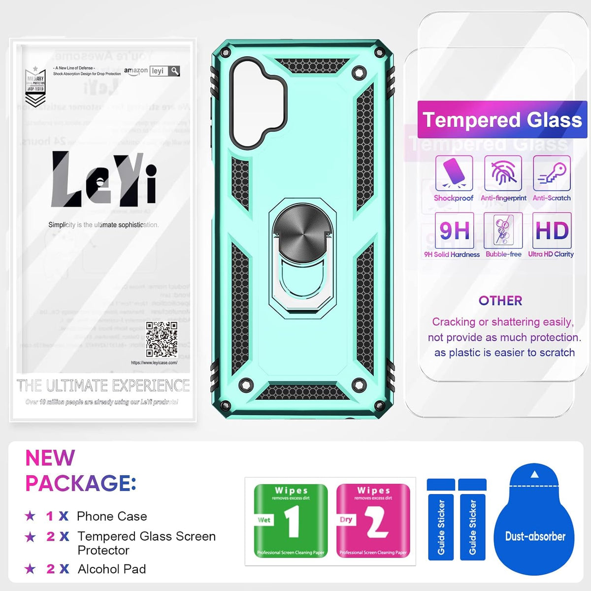 LeYi Samsung Galaxy A32 5G Case, Mint Military-Grade Kickstand Phone Case with 2 Pack Tempered Glass Protector