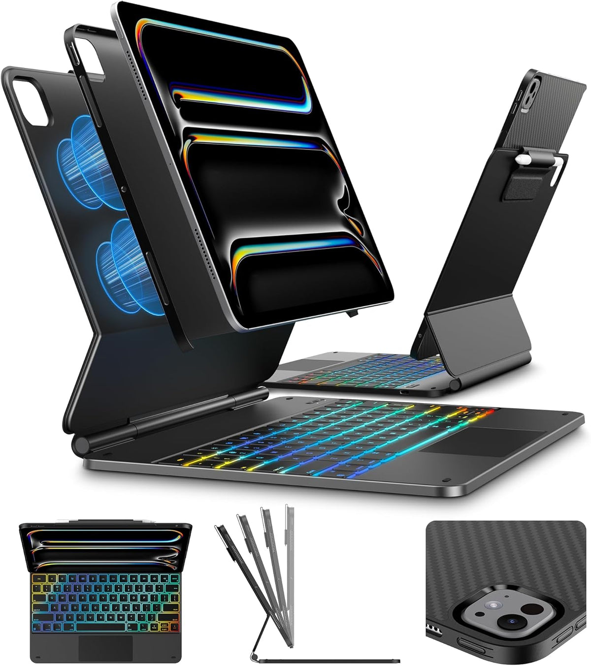 typecase Edge+ Keyboard Case for 2024 iPad Pro 13-inch (M4), Black Keyboard with Carbon Fiber Protective Case,Portrait & Typing Modes,Built-in Trackpad,11-Color Backlight,Magnetic Stand,Pencil Holder