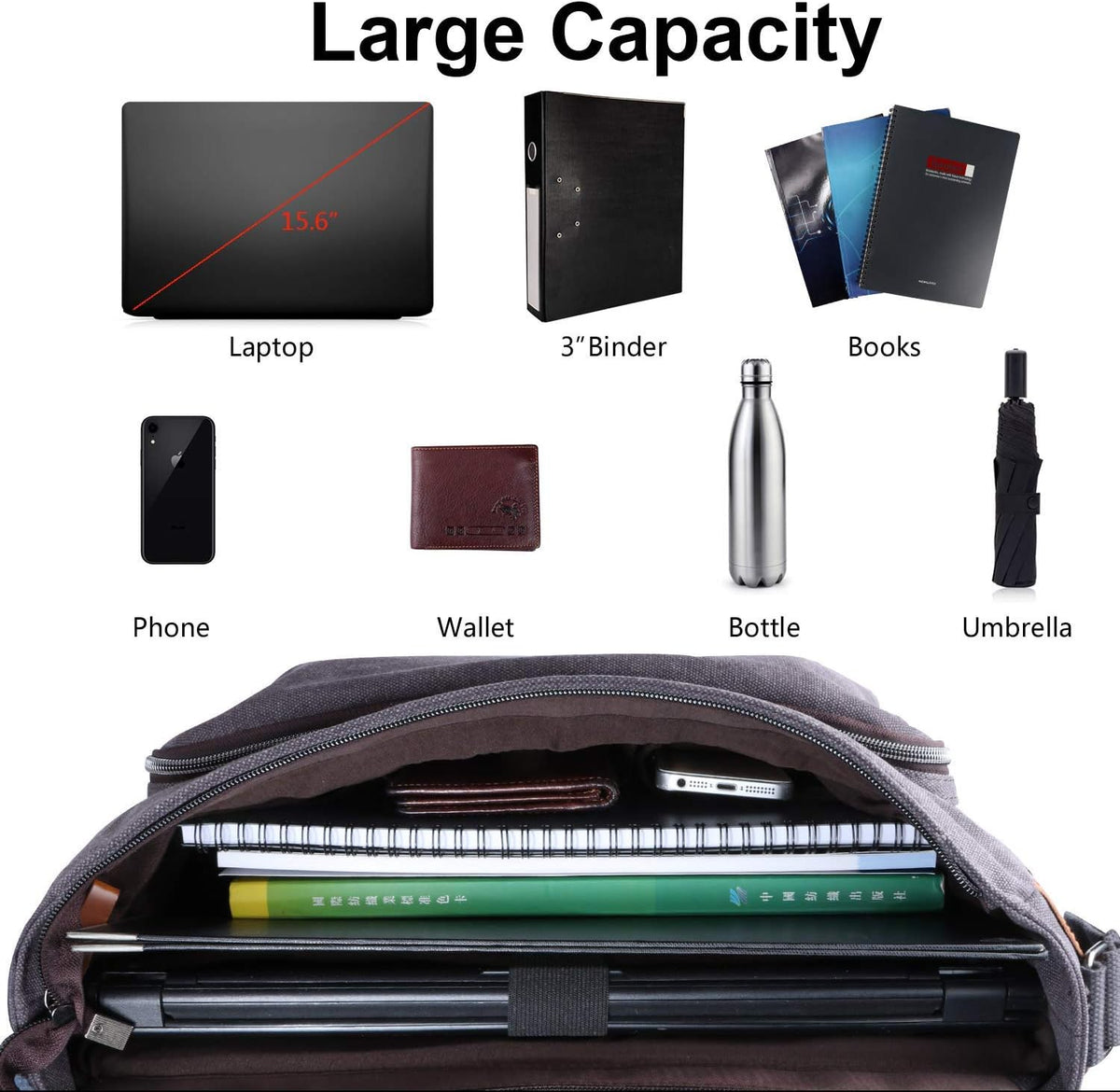 ESTARER Computer Messenger bag Water-resistant Canvas Shoulder Bag 15.6 Inch Laptop for Travel Work, Grey
