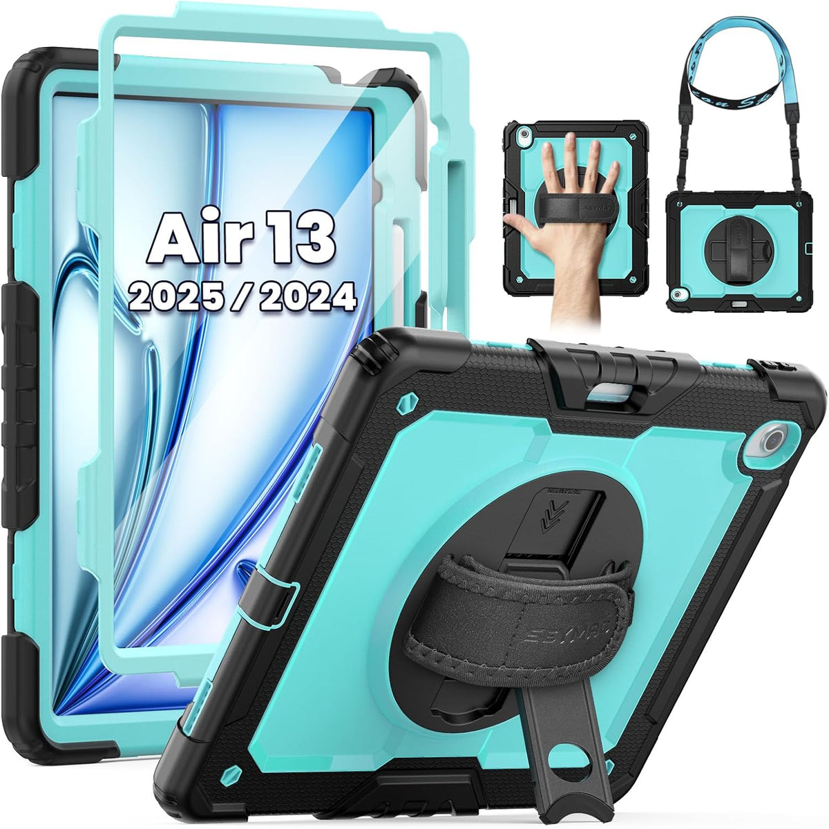 SEYMAC for iPad Air 13 Inch Case M3 2025/ M2 2024, Heavy Duty Shockproof Protective Case with Screen Protector, 360° Rotating Stand, Hand/Shoulder Strap and Pen Holder for iPad Air 13, Light Blue