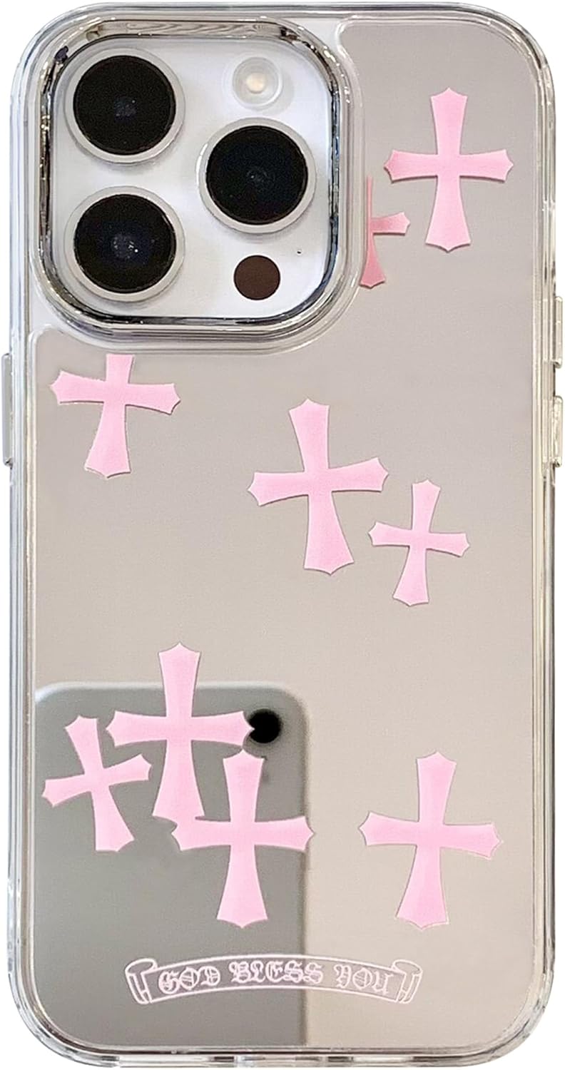 Fits iPhone 15 Pro Max Bless Cross Phone Case, Shockproof Protective Mirror Case for iPhone 14 (Pink, 13/14)