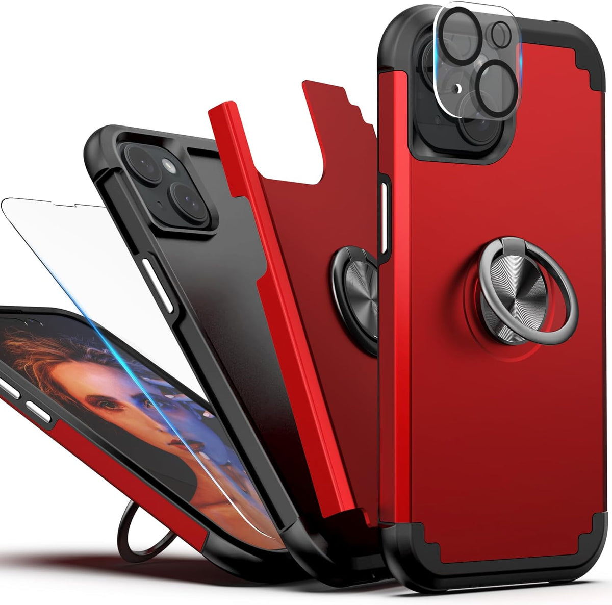 IDweel iPhone 15 Plus Case: 2-in-1 Shockproof Cover with Screen Protector, 360° Ring Holder, Camera Lens Protector, Red.