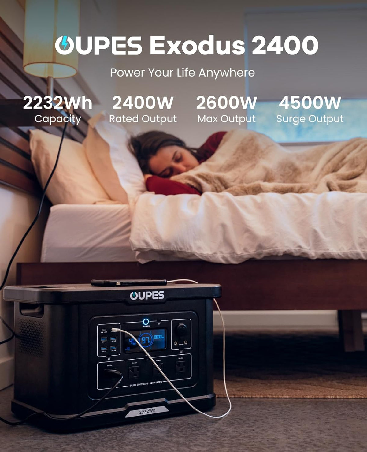 OUPES Exodus 2400 Portable Power Station 2400W (Boost 2600W, Surge 4500W), 2232Wh LiFePO4 Battery Generator, 0-80% Charge in 1.2H, Solar Ready for Home Backup, Camping & RV Essentials