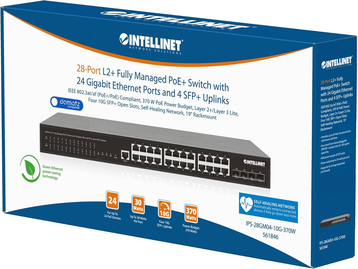Intellinet 28-Port L2+ Fully Managed PoE+ Switch - with 24 Gigabit Ethernet Ports and 4 SFP+ Uplinks – 370W Power Budget, 30W per Port Max – 3 Yr Mfg Warranty – 561846