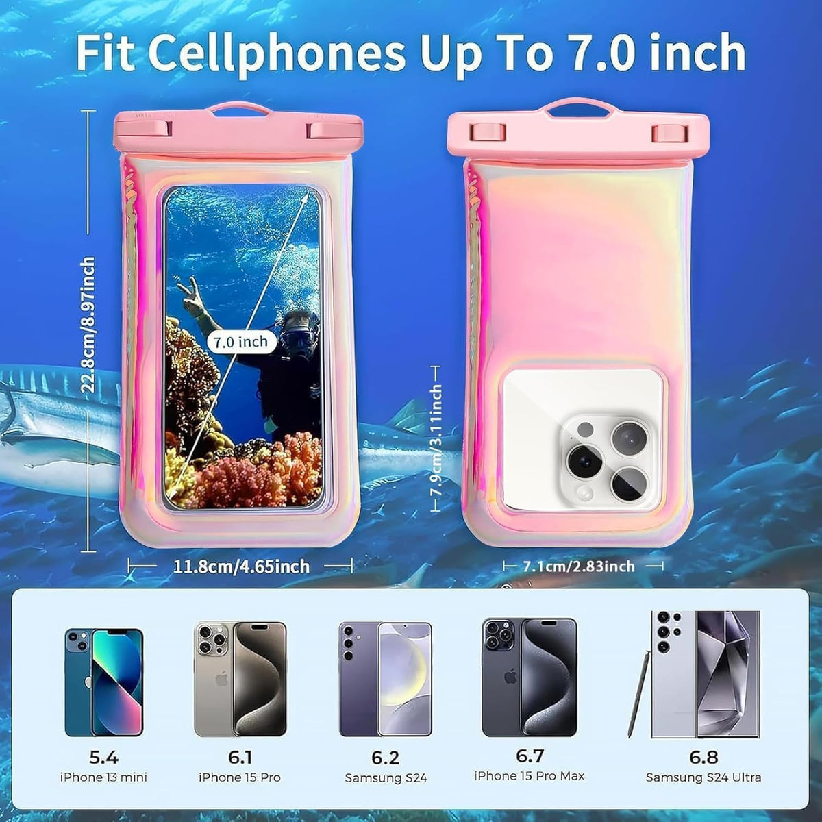 Floatable Waterproof Phone Pouch Case 2 Pax for iPhone 16 Pro Max/15/14/13/12, IP68 Travel Cellphone Dry Bag Beach Cruise Ship Essentials Bags with Crossbody Lanyard, Iridescent Pink and Blue-7″