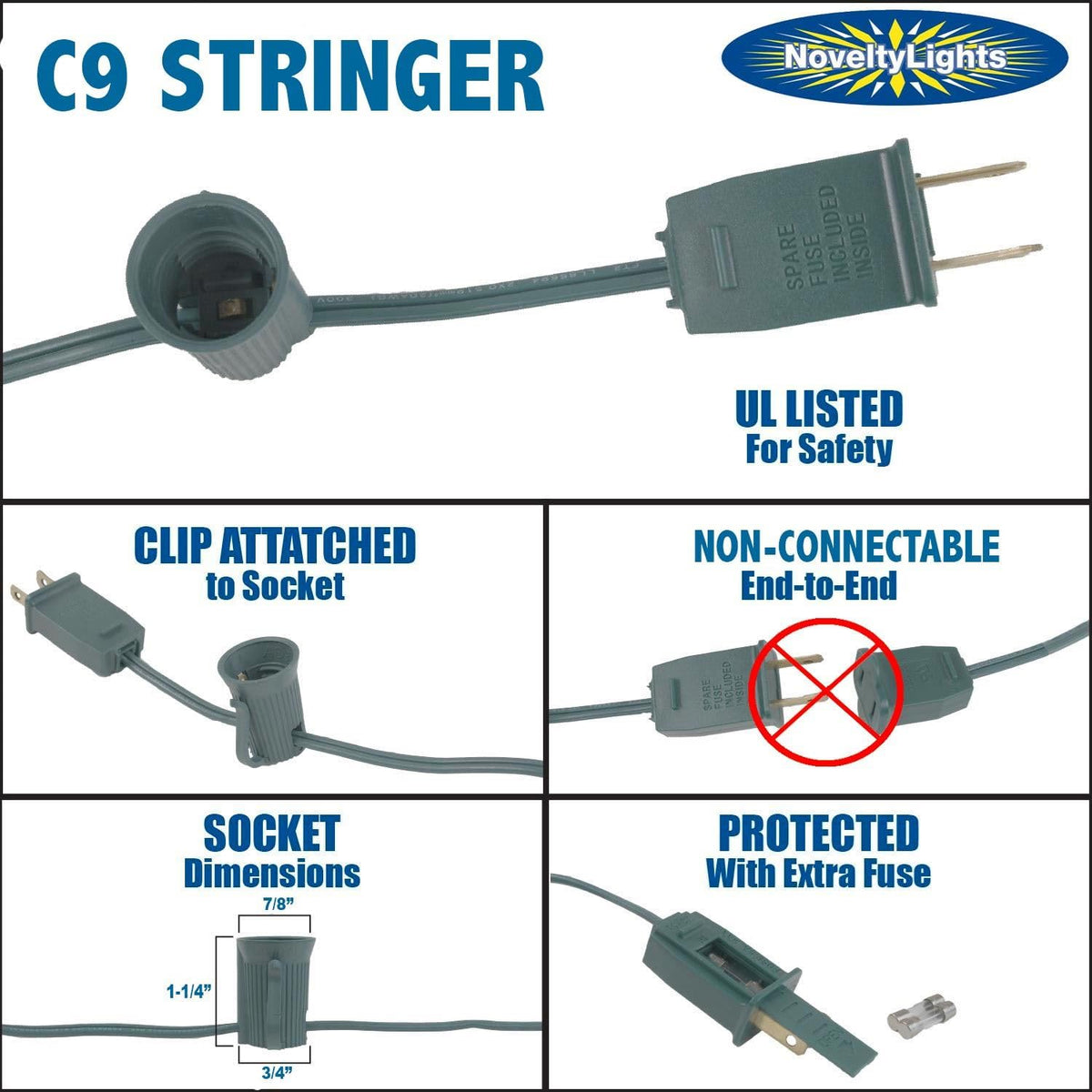 Novelty Lights 100 Foot C9 Outdoor String Light Christmas Stringer - Patio String Lights - Intermediate Base (C9/E17) - 12" Spacing - White Wire
