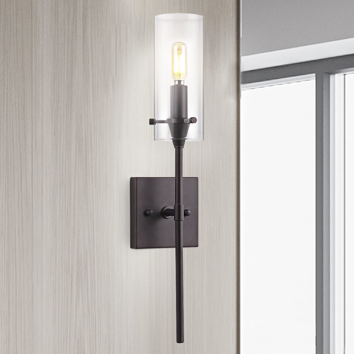 JONATHAN Y 4.5" Oil Rubbed Bronze Modern Farmhouse LED Vanity Light Sconce, Clear Glass Cylinder Shade, Wall Lamp for Bathroom Mirror Hallway