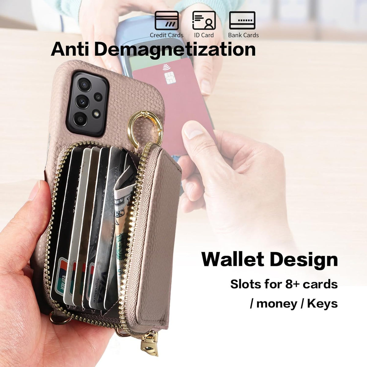 Furiet Wallet Case for Samsung Galaxy A33 5G, Luxury PU Leather Zipper Flip Organ Purse with Shoulder Strap, Khaki
