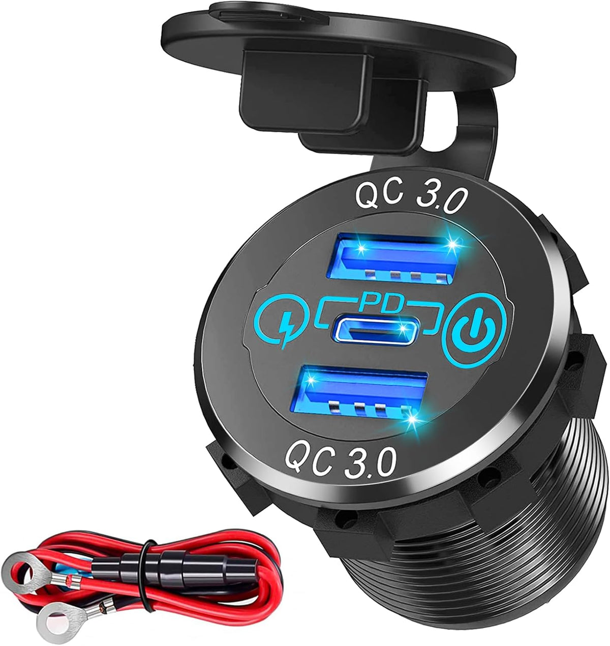 12V 60W USB C Car Charger Socket, 30W PD Type-C & Dual QC 3.0 USB Socket Port, Quick Charge Socket with Touch Switch