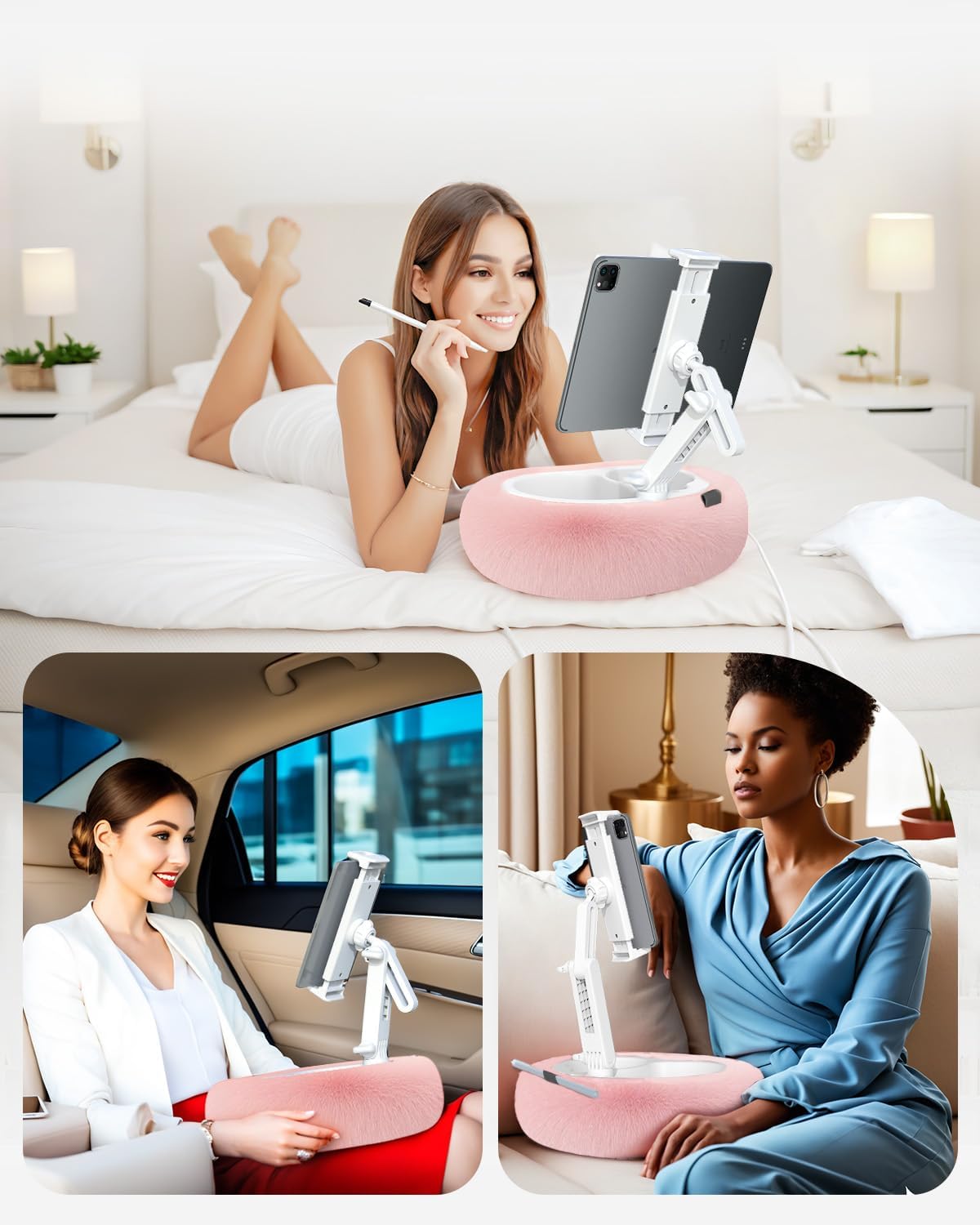Tablet Pillow Stand, Compatible with 4.7"-12.9" Kindle, iPad, Phone/Tablet, Google, 360° Rotating Phone Holder for Bed, Detachable Bowl, Reading and Relaxation on Bed, Pink, Large (Faux Fur Pillow)