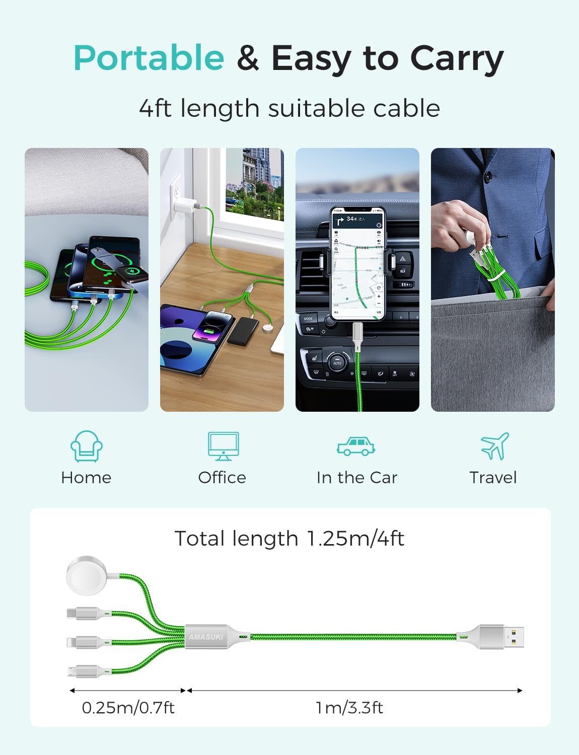 Travel Essentials Multi Charging Cable for Watch Charger 4 in 1 Fast Charger Camping Essentials USB C/L/Micro Compatible with Watch Series 10-1/SE/Ultra Phone 16 15/Galaxy Android-4FT/Green