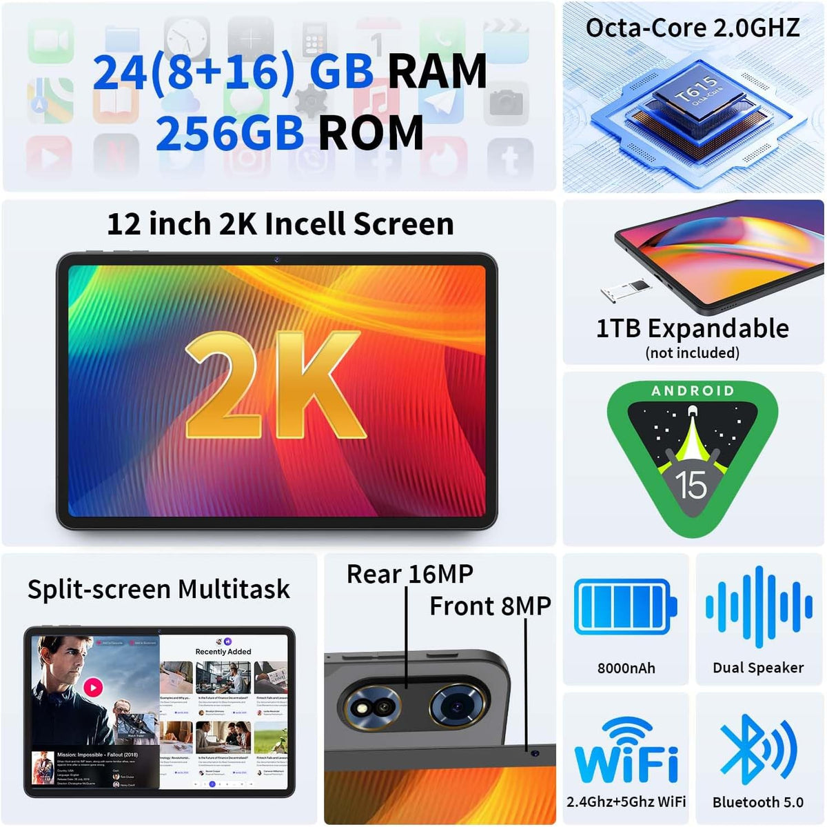 2025 Upgraded Android 15 Tablet, 12 inch Android Tablet with Keyboard, 24GB RAM+256GB ROM(1TB Expand), Octa-Core, 2K 2000x1200 Display, 16MP Dual Camera, 8000mAh, 5G WiFi, GPS, Bluetooth 5.0（Pink）