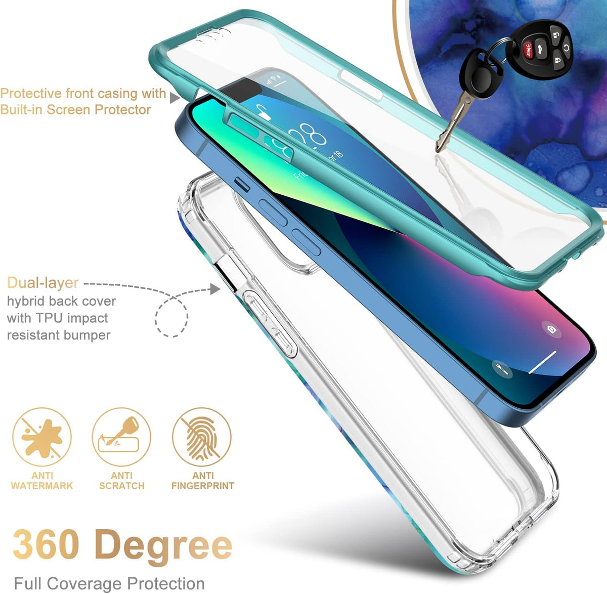 Esdot Rugged Case for iPhone 13 with Built-in Screen Protector, Fashionable Designs for Women (Opal Purple)