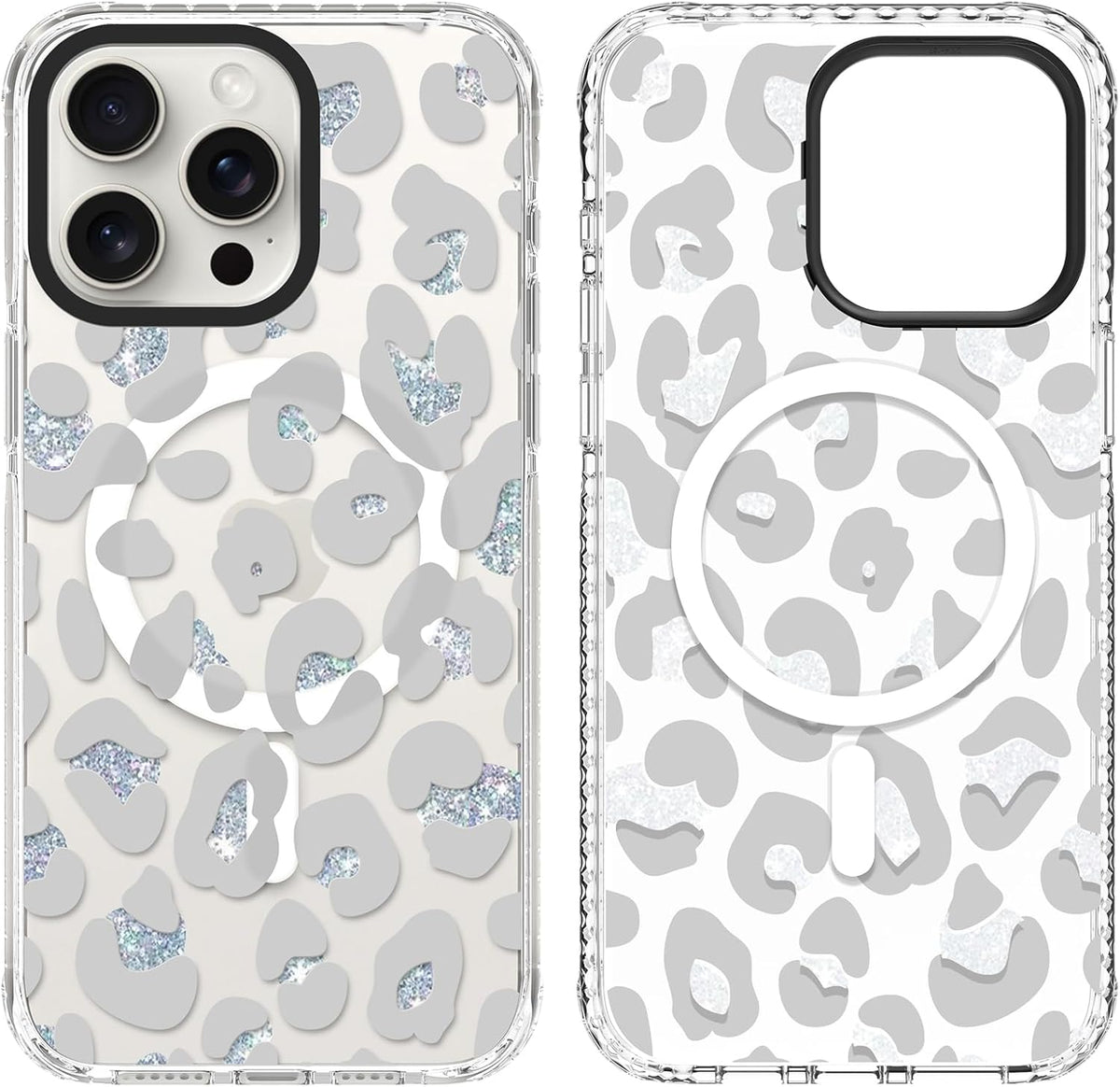 SAKUULO Magnetic iPhone 15 Pro Max Case, Clear Gray Leopard Print, Compatible with MagSafe