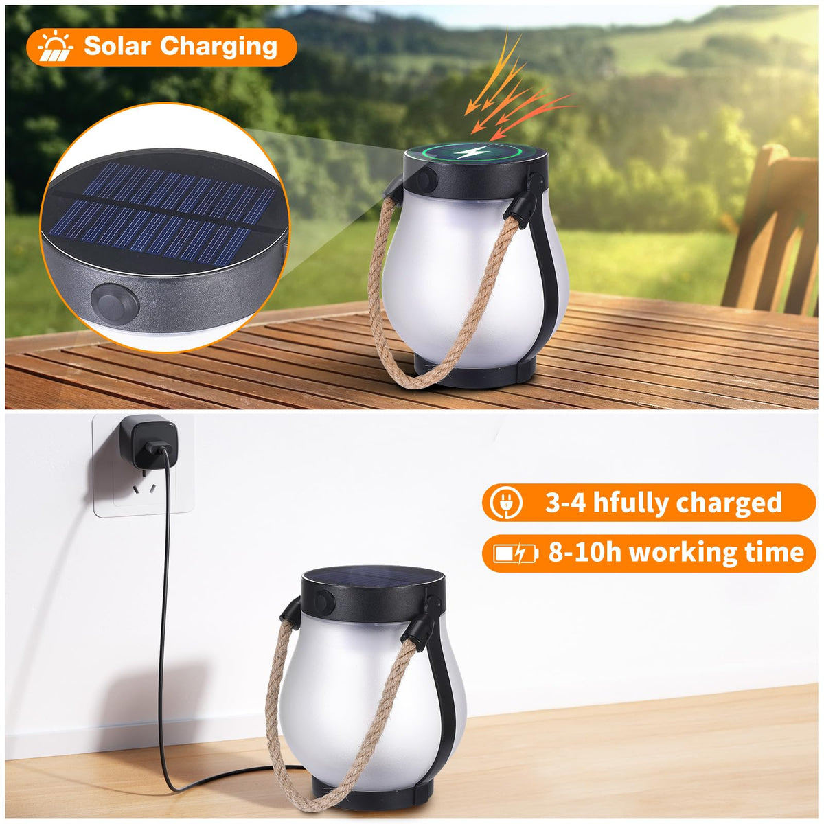 2 Pack Solar Flame Lantern Lights - Flickering Flame Hanging Lanterns Outdoor, Waterproof Garden Lights with 2 Modes Dual Charging USB & Solar Yard
