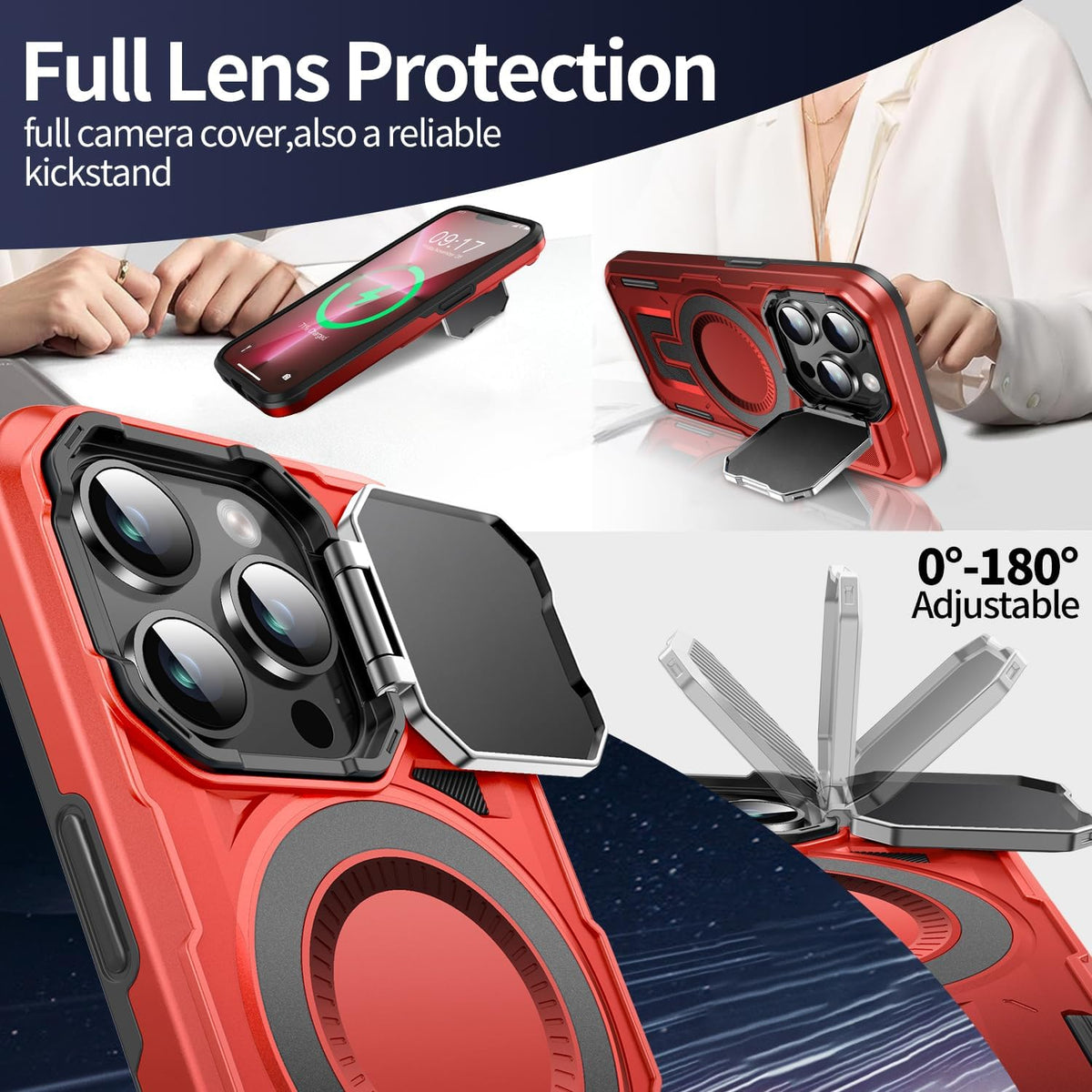 Camera Stand Case for iPhone 13 Pro, [Compatible with MagSafe] [Lens Cover] 2024 Version Military Grade Protective Soft Case for iPhone 13 Pro 6.1 inch Men Women, Red