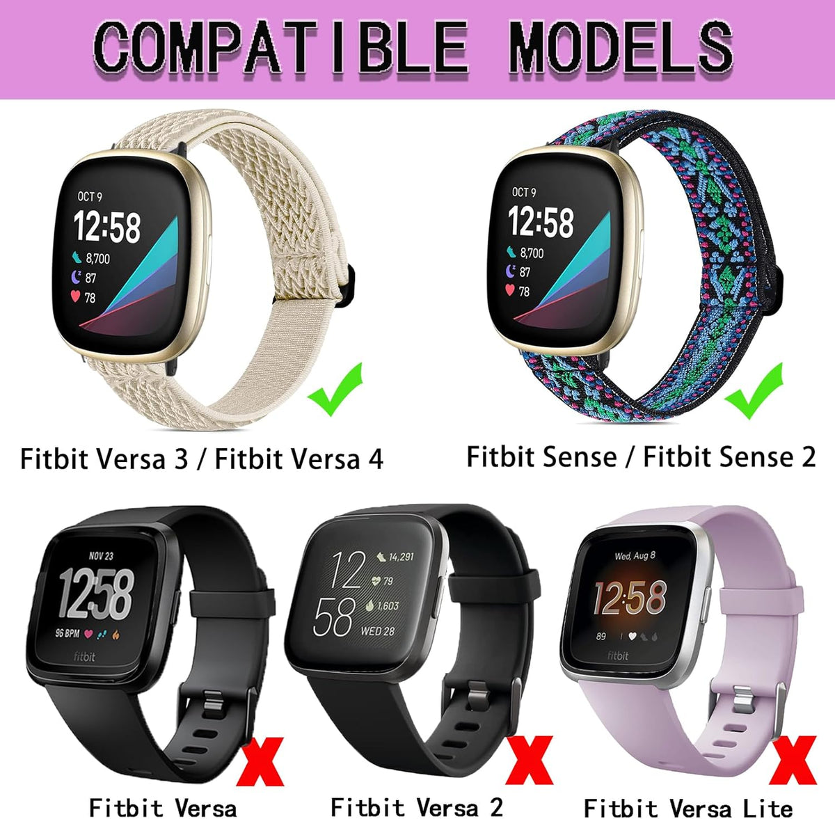 Elastic Bands for Fitbit Versa 4 & Sense 2, Adjustable Stretchy Straps Replacement for Versa 3 & Sense Bands