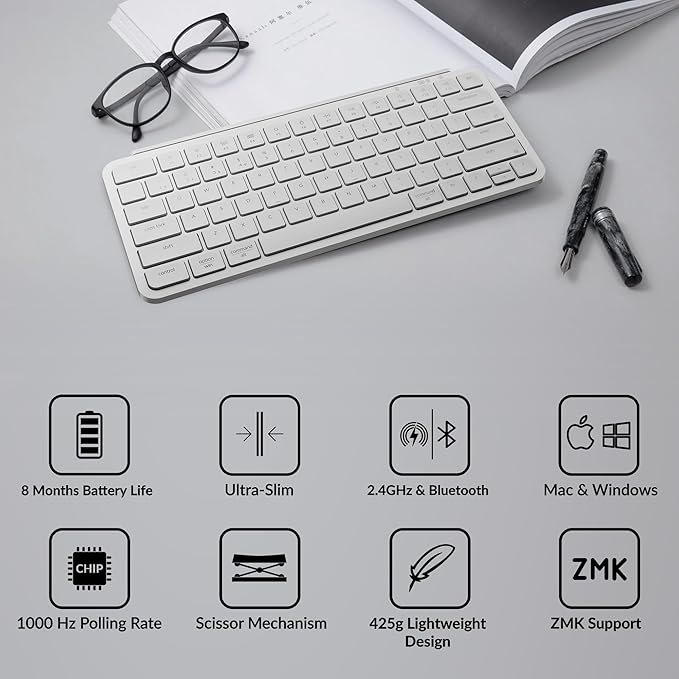 Keychron B1 Pro Ultra-Slim ZMK/Launcher Wireless Bluetooth 2.4 GHz/Wired Connection Keyboard for Mac Windows Linux - White