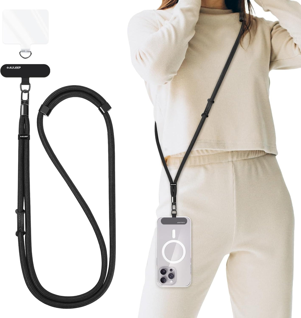 AULEEP Universal Phone Lanyard Corssbody, Anti-theft Phone Strap for Women and Men, Adjustable Cell Phone Neck Lanyard for all iPhone and Smartphone, with 2 Phone Tethers (Metal & Plastic), Black