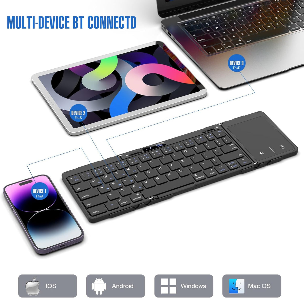 Foldable Travel Keyboard, Wireless Portable Folding Keyboard with Touchpad, Bluetooth for iPad, Tablet, Laptop,