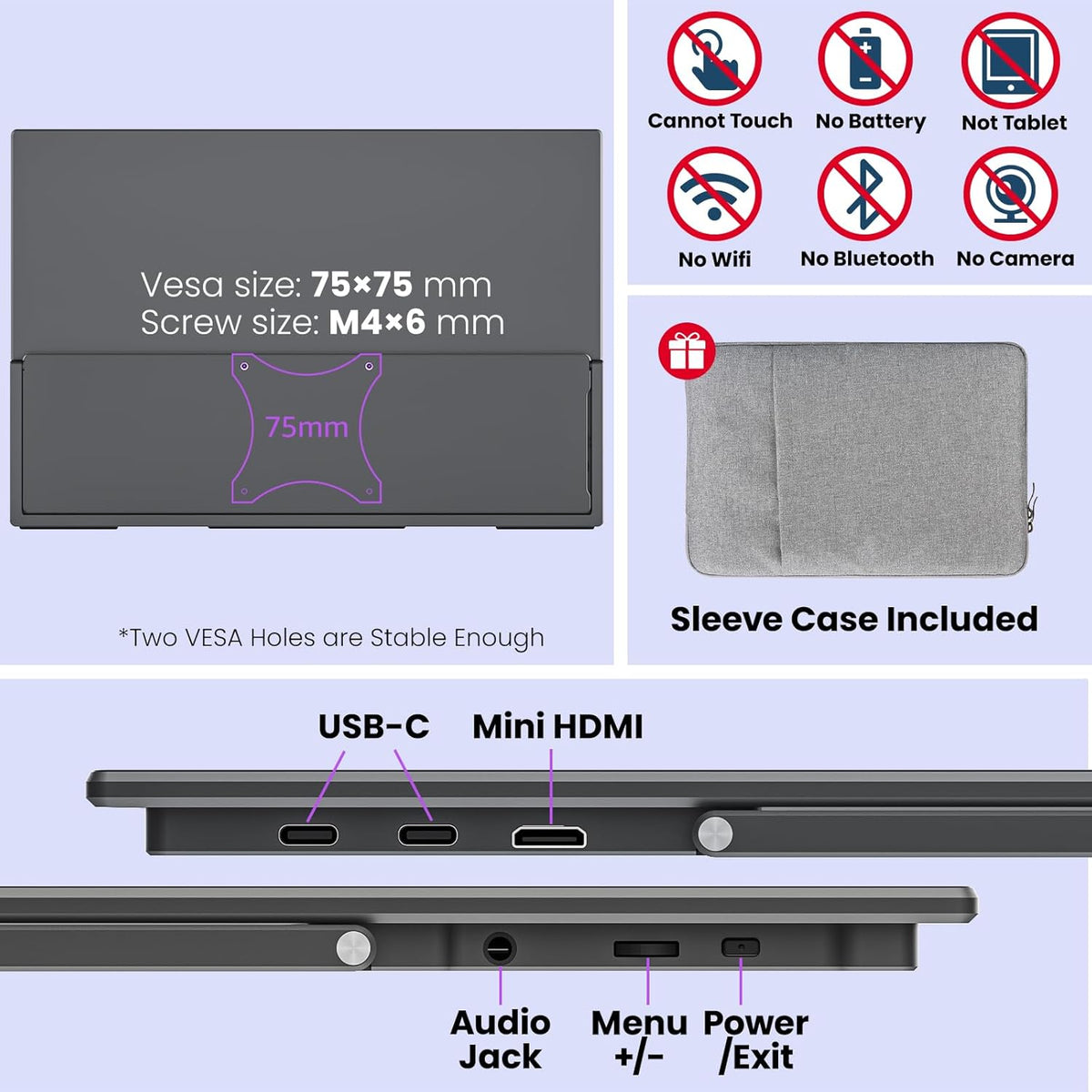 Portable Gaming Monitor 16 Inch QHD 2.5K 2560X1600 16:10 100 Hz 100% sRGB 10 Bit Travel Monitor for MacBook, Laptop, PC, Surface, Game Console, VESA Compatible, with Kickstand & Sleeve