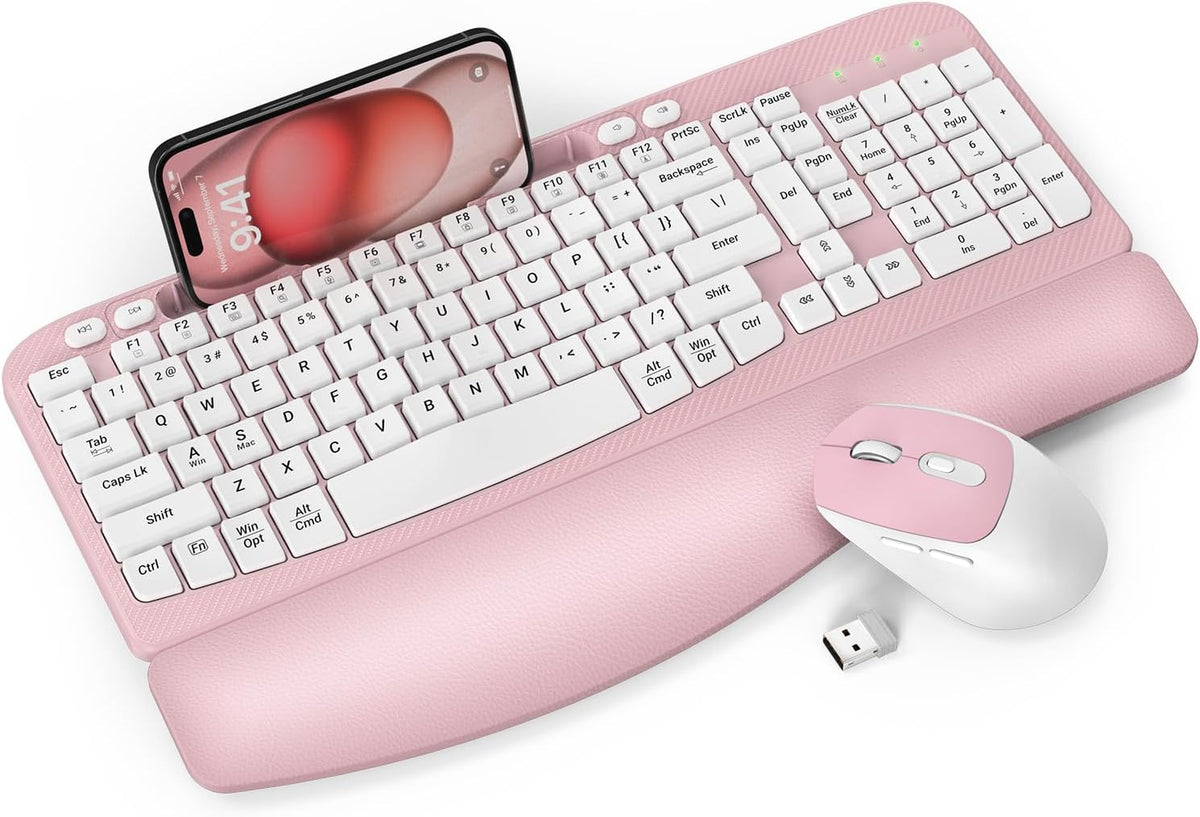 Wireless Keyboard and Mouse Combo, EAYBLLY Wave Keys Ergonomic Keyboard with Wrist Rest, 2.4GHz Set