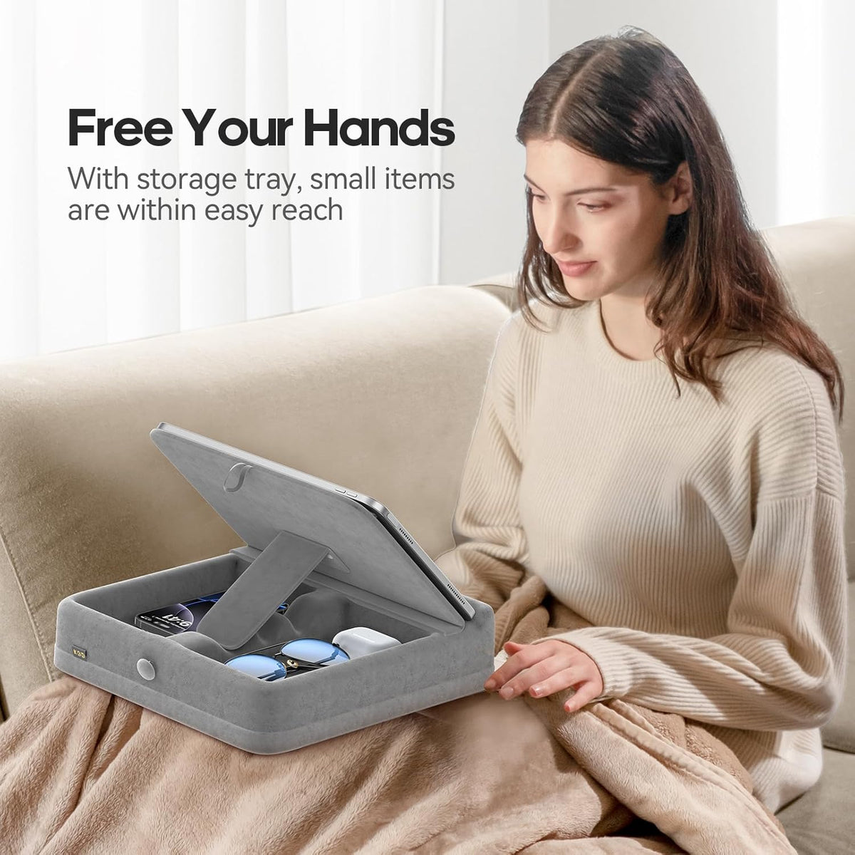 KDD Tablet Pillow Stand with Storage, Foldable Ipad Holder for Bed, Lap and Desk, Angle Adjustable Soft Pad Dock with Stylus Mount Compatible with Ipad Pro 12.9, 10.5, 11, Air, Mini, Phones, Books