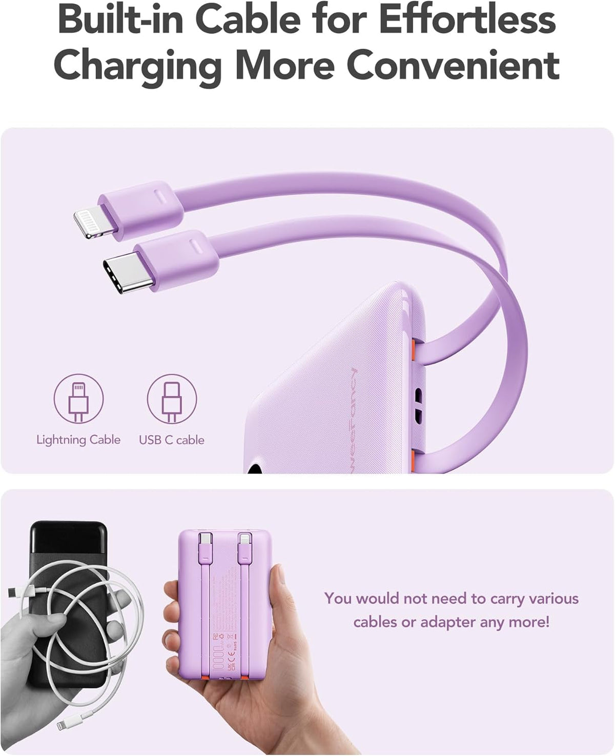 Mini Portable Charger with Built-in Cables 22.5W Fast Charging Power Bank USB-C Small Battery Pack 10000mAh Travel Essential Slim Battery for iPhone 16/15/14, Samsung 25/24, and More