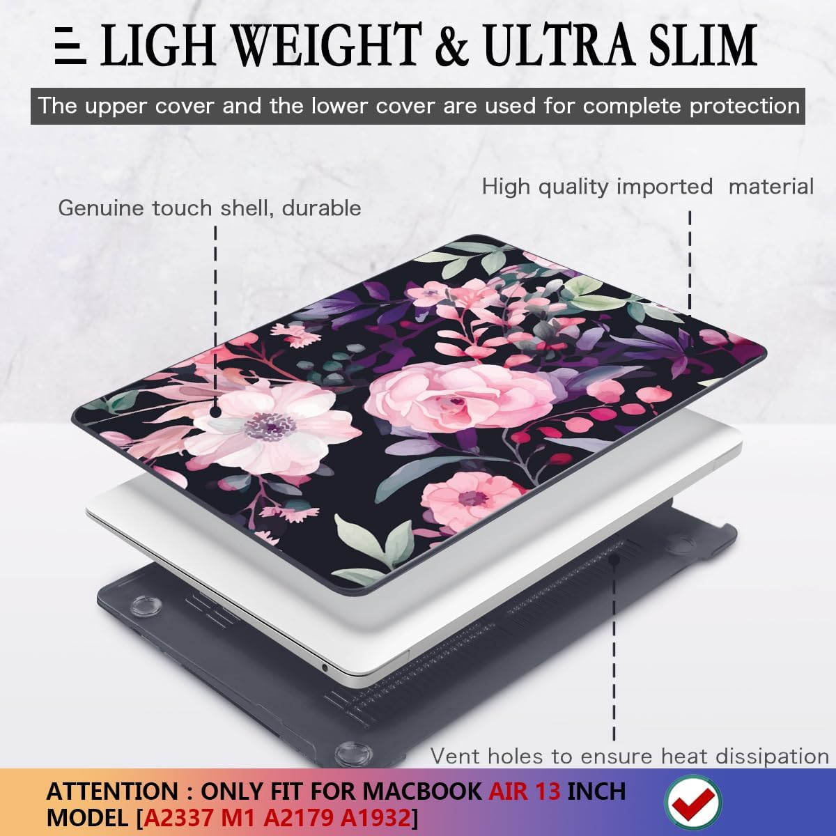 CISSOOK Compatible with MacBook Air 13 inch Case M1 2021 2020-2018 Release Model A2337 A2179 A1932, Flower Plastic Hard Shell Case Black Cover for MacBook Air 13 inch with Touch ID- Pink Flowers