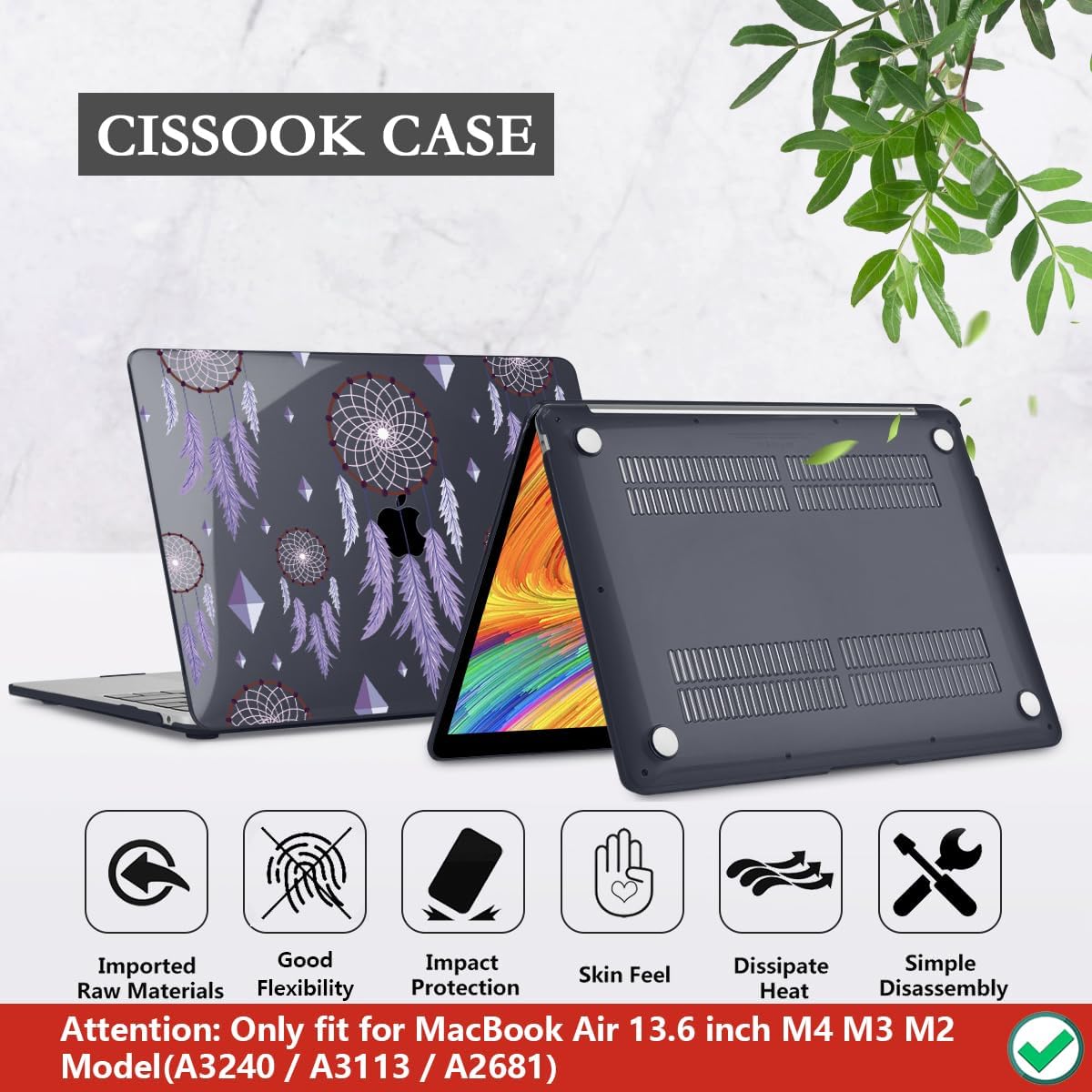 CISSOOK Compatible with MacBook Air 13.6 inch Case 2025 2024 2023 2022 Release A3240 M4 A3113 M3 A2681 M2, Plastic Hard Shell Case & Keyboard Cover & Screen Protector, Dream Catcher