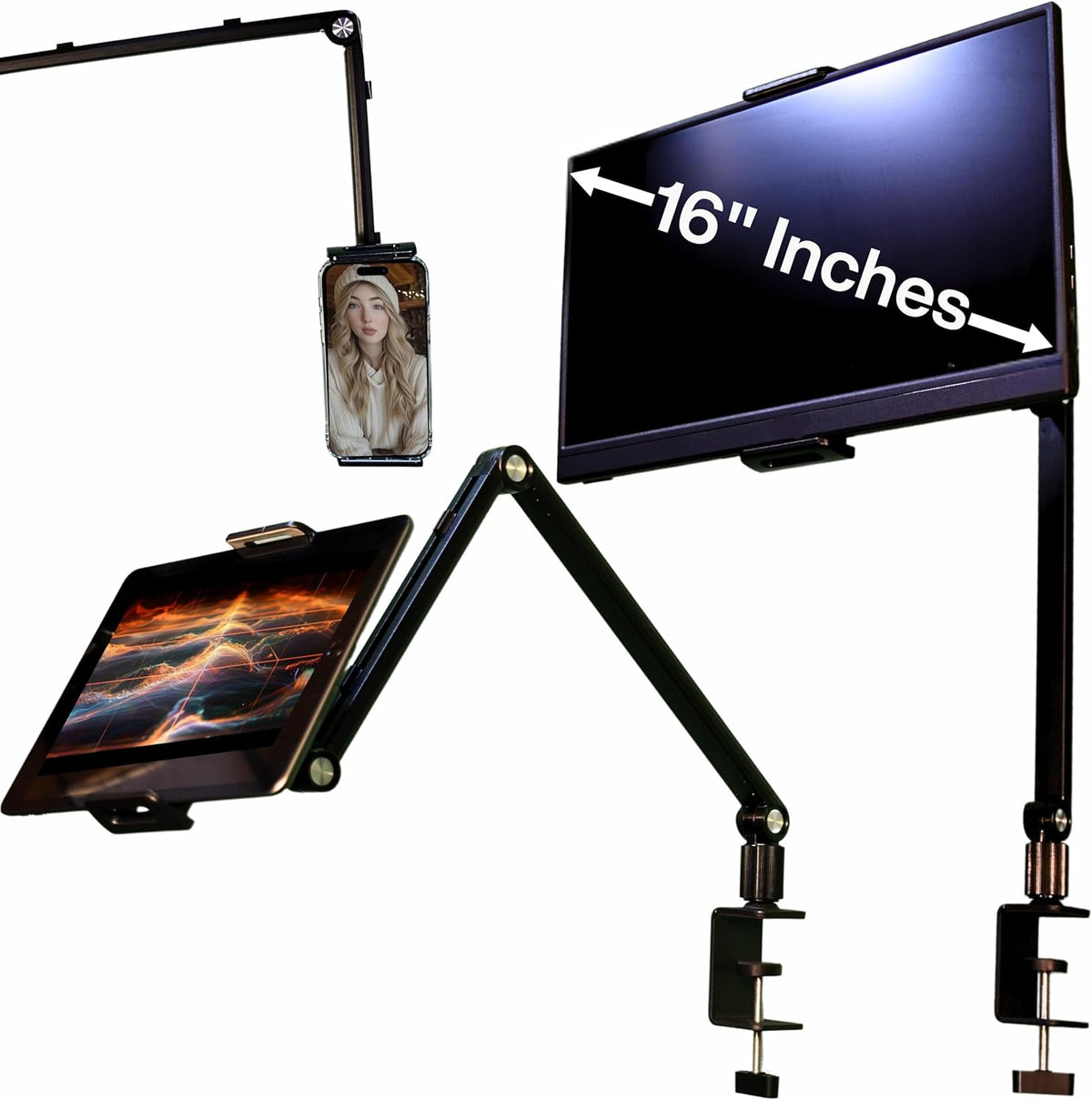 Portable Monitor Stand 16 Inch - Heavy Duty Aluminum Adjustable Monitor Mount with Articulating Arm, 360° Rotation, Cable Management - Professional Desk Setup for Tablets, Phones 4.7-16"