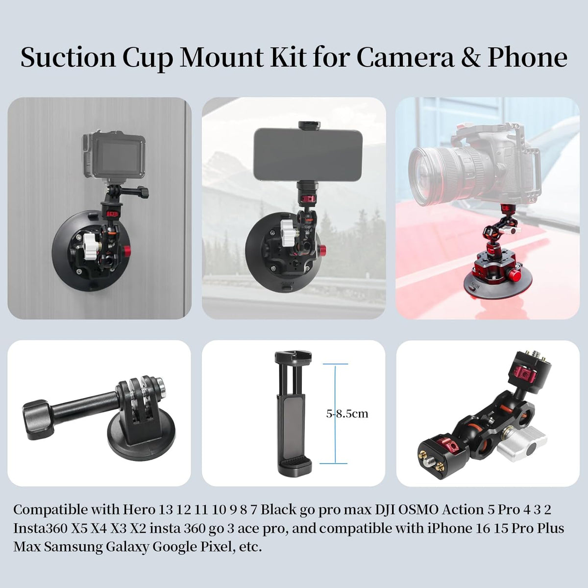 FIFIELD 4.5in Suction Cup Camera Mount with Aluminum Ball Head Magic Arm, 1/4" ARRI Holes, Quick Release Car Mount with Phone Holder & Action Cam Adapter Compatible with DJI Pocket 3 Insta360 iPhone