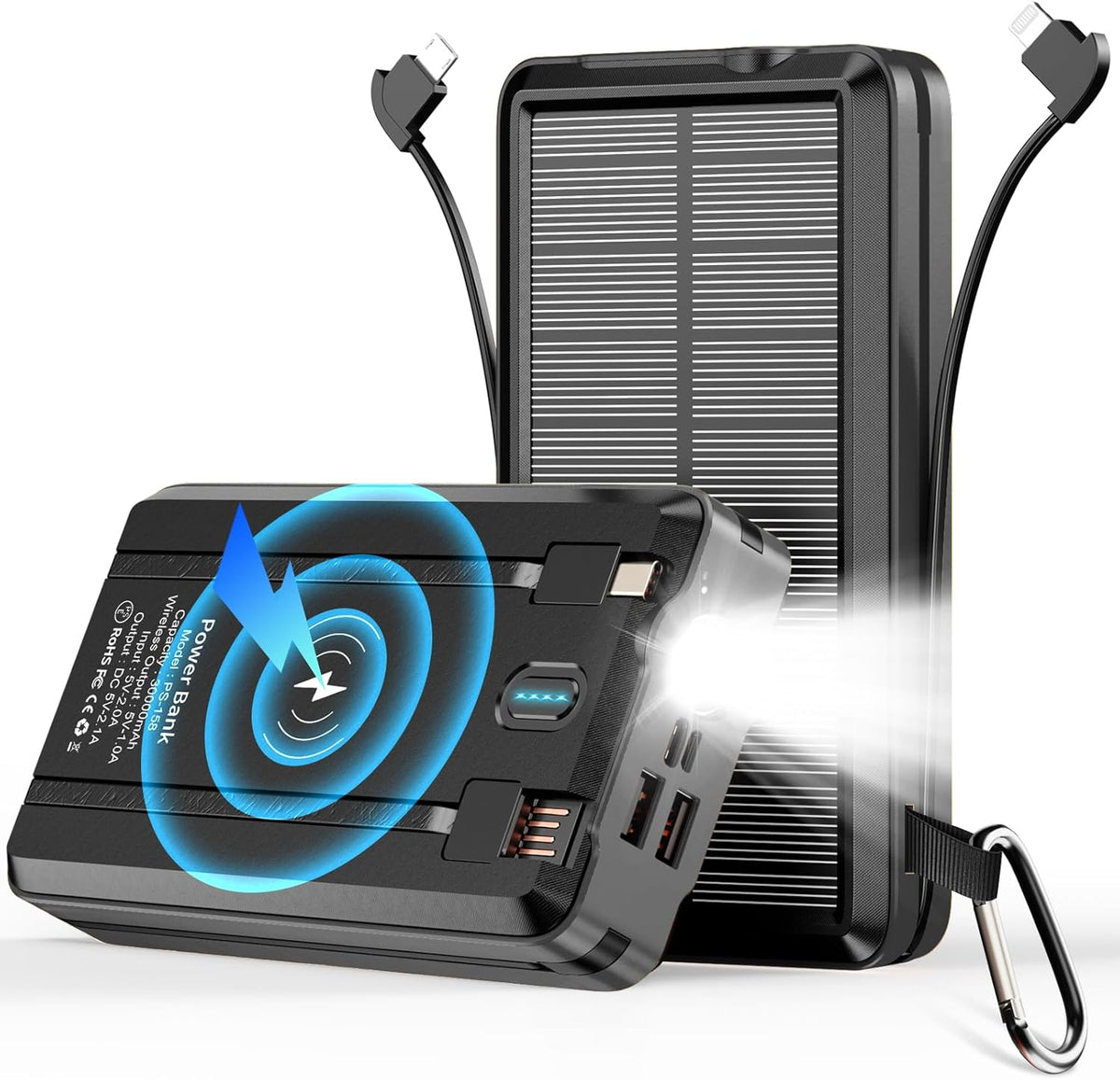 Solar Power Bank Portable Charger 52800mAh 5V/3A Fast Charging Battery Pack with Built in 4 Cables 2 Outputs & LED Flashlight for All Mobile Devices Camping Traver Outdoor