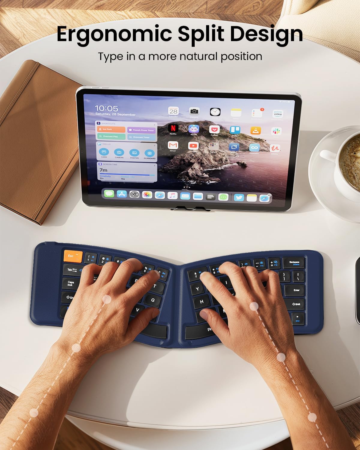 ProtoArc Ergonomic Foldable Keyboard, XK03 Split Folding Travel Bluetooth Keyboard, Ultra Slim, Portable for iPad, iPhone, Tablet, Laptop, PC - Dark Blue