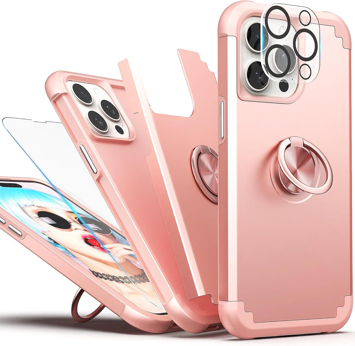 IDweel iPhone 14 Pro Max Case - Rose Gold, 2-in-1 Shockproof, Screen Protector, 360° Ring Holder, Camera Lens Protector.