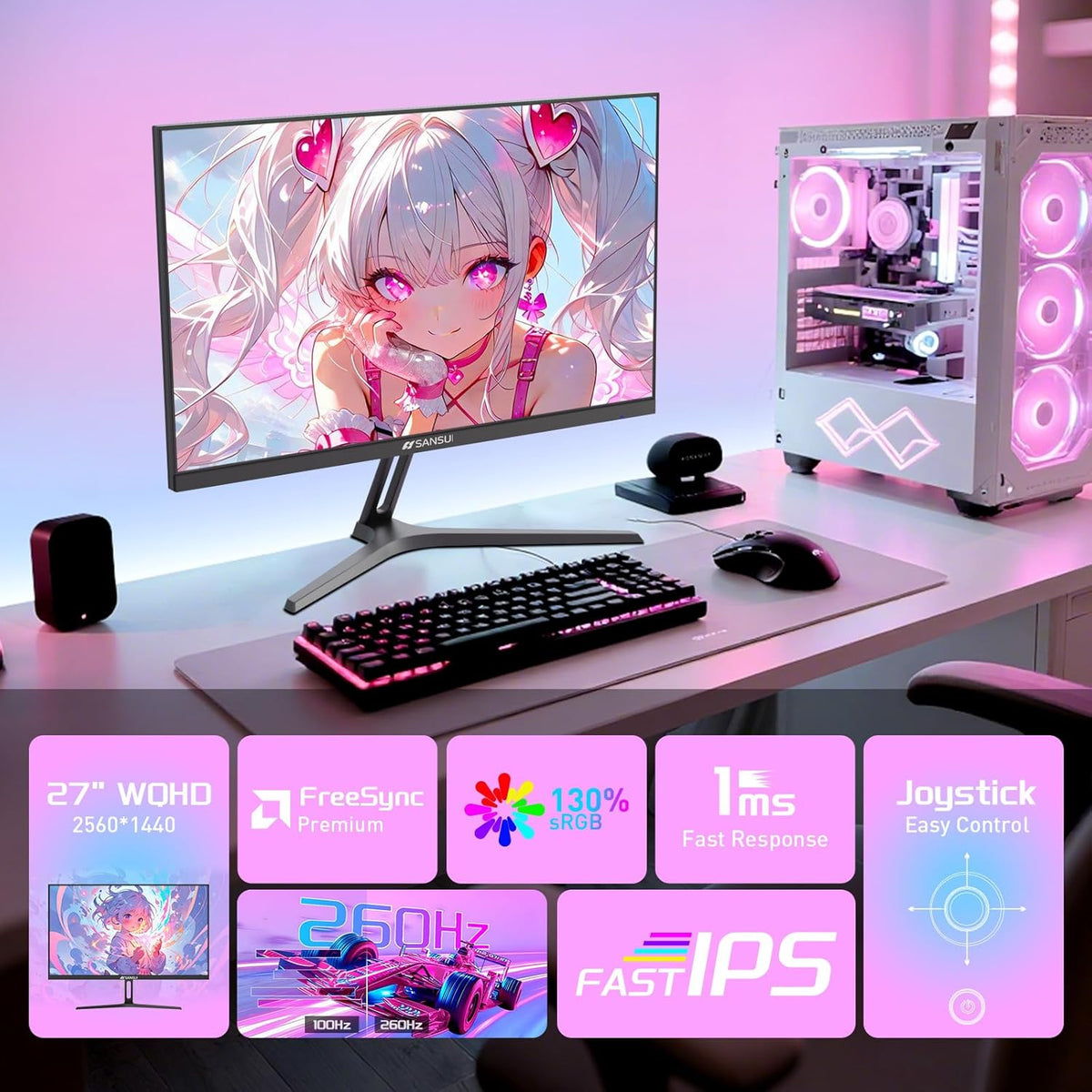 SANSUI 27 Inch WQHD 1440p Gaming Monitor 240hz up to 260hz-Fast IPS 1ms FreeSync Premium 丨DCI-P3 98% 丨sRGB130% 丨HDR10 丨2×DisplayPort 1.4丨2×HDMI2.0 PC Gaming Monitor with Crosshair
