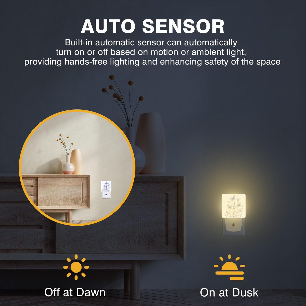 FOISIIAEA Night Light Watercolor Lavender Flower with Butterfly Night Lights Plug into Wall Smart Dusk to Dawn Sensor 0.5W Energy Efficient Led Lamp
