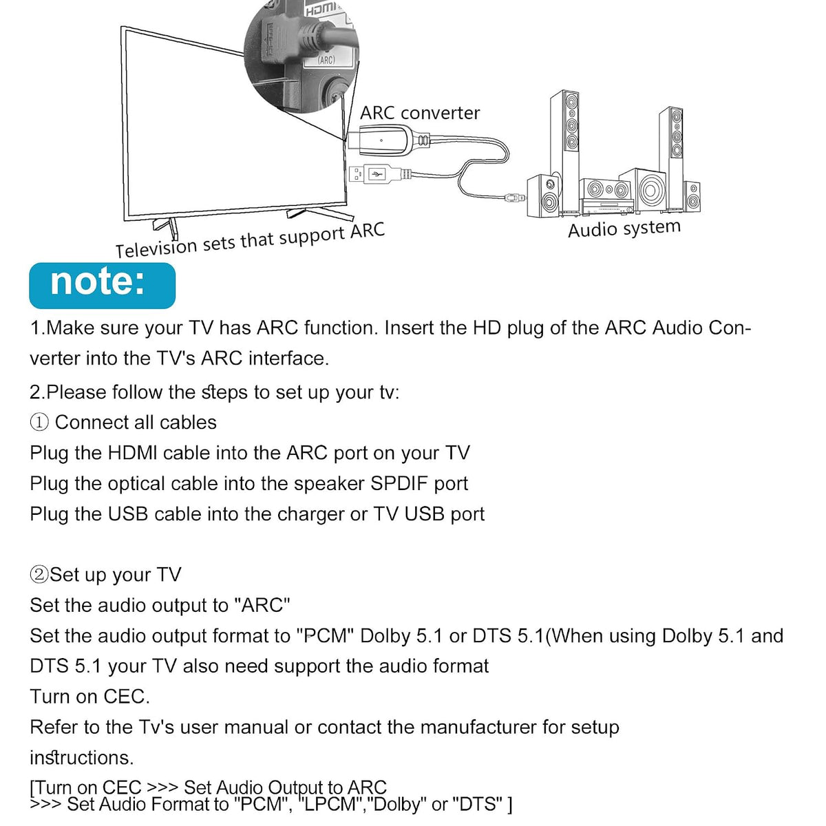 192KHz 3.4ft/1.05m Dolby/DTS 5.1 HDMI ARC to Optical Audio Converter for TV to Soundbar, Plug & Play ARC to Optical