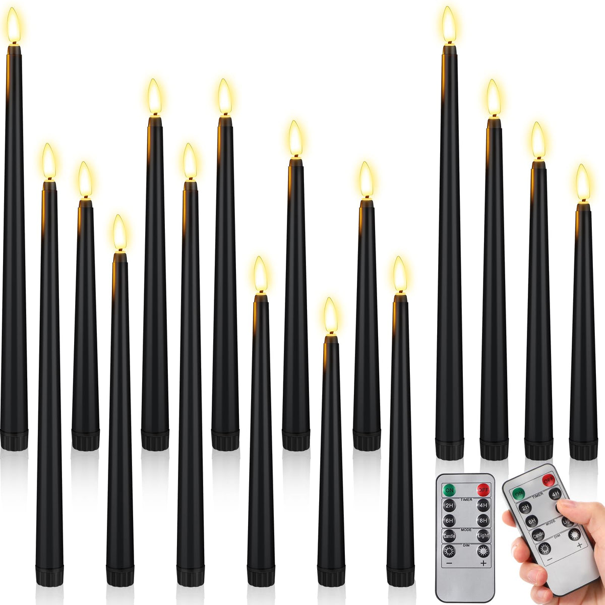Rossesay 16 Pcs Black Flameless Taper Candles Battery Operated Candles With Remote Timer 8.5 9.6 10.8 12.8 Multiple Sizes Black