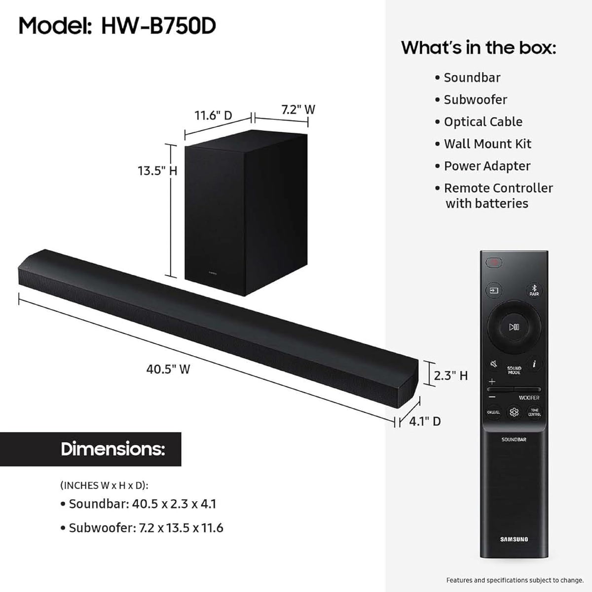 Samsung HW-B750D/ZA 5.1 ch Soundbar w/ Dolby Audio, Surround Sound expansion, Bass Boost, Adaptive Sound, DTS Virtual:X, Wireless Subwoofer, 2024