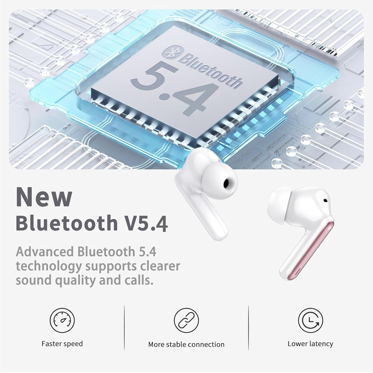 Wireless Earbuds, Bluetooth 5.4 Headphones in Ear with 4 ENC Noise Cancelling Mic, New Wireless Earphones HiFi Stereo Deep Bass 40H Playtime, In-Ear Bluetooth Earbuds LED Display IP7, USB-C, Rose Gold
